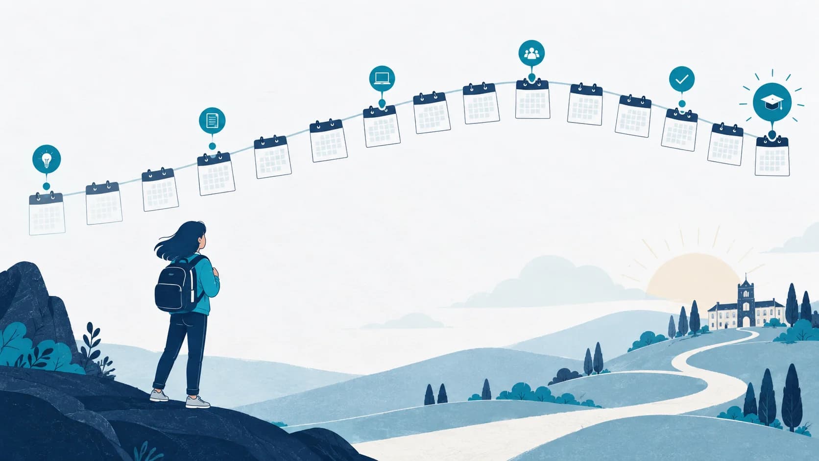 Calendar pages follow a path through the application season.