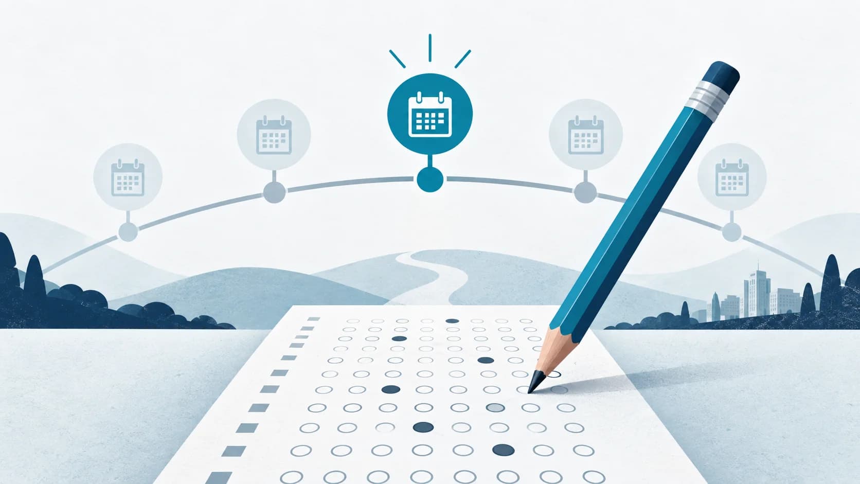 An exam sheet and pencil sit beneath a timeline with one marked date.