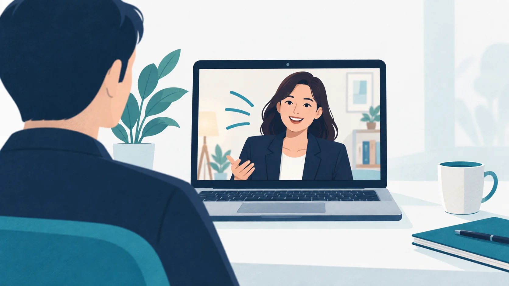 An applicant speaks with an interviewer through a laptop video call.