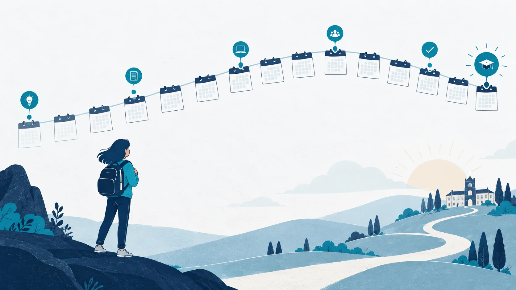 Calendar pages follow a path through the application season.