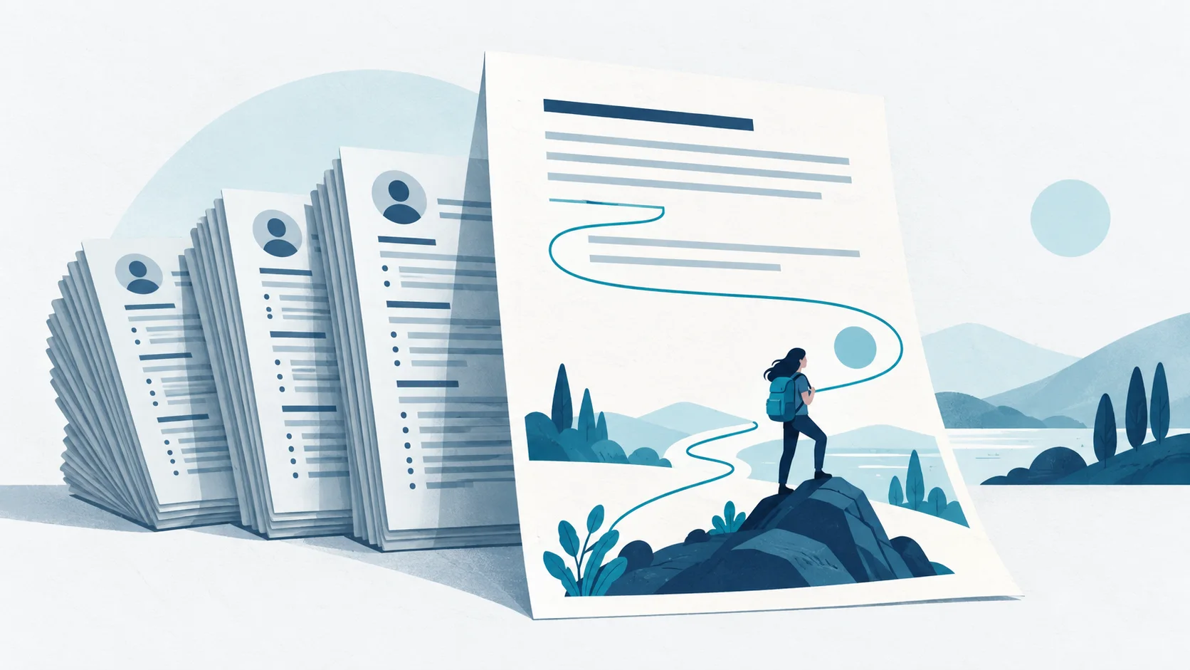 A personal story page stands apart from a stack of CV pages.
